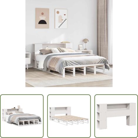 Cama de madera -  Cama con estantería sin colchón madera maciza blanca 150x200 cm