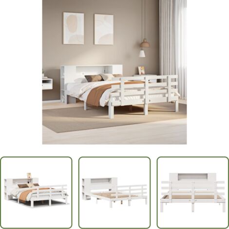 Cama de madera -  Cama con estantería sin colchón madera maciza blanca 150x200 cm