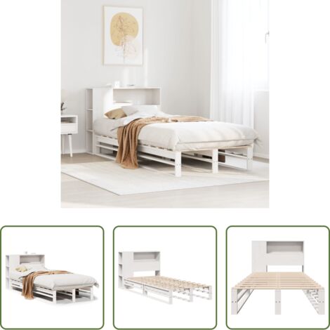 Cama de madera -  Cama con estantería sin colchón madera maciza blanca 75x190 cm