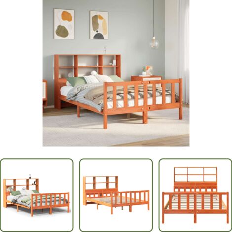 Cama de madera -  Cama con estantería sin colchón madera maciza marrón 150x200 cm