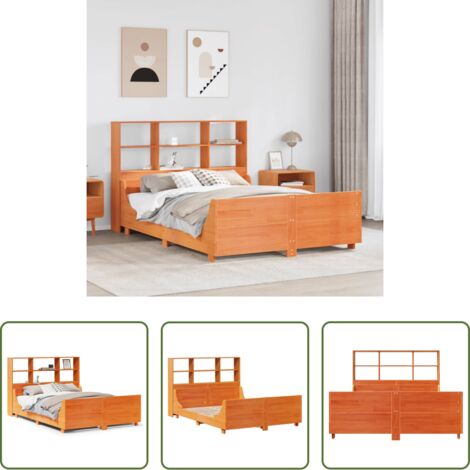 Cama de madera -  Cama con estantería sin colchón madera maciza marrón 150x200 cm