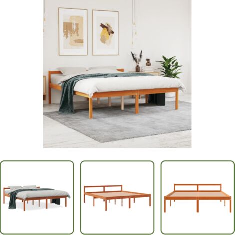 Cama de madera -  Cama para mayores madera maciza de pino marrón cera 150x200 cm