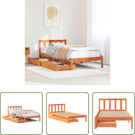 Cama de madera -  Cama sin colchón madera maciza de pino marrón cera 100x200 cm