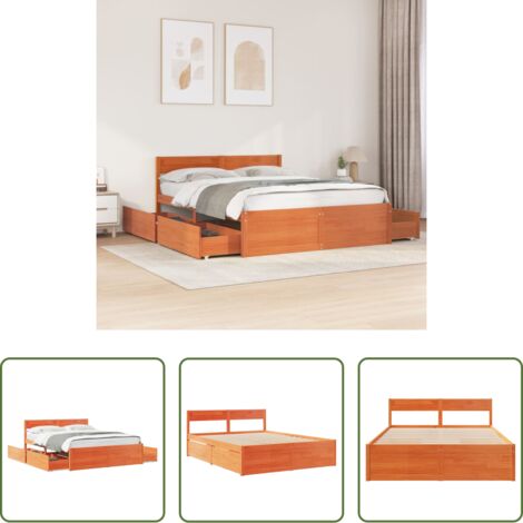 Cama de madera -  Cama sin colchón madera maciza pino marrón cera 150x200 cm