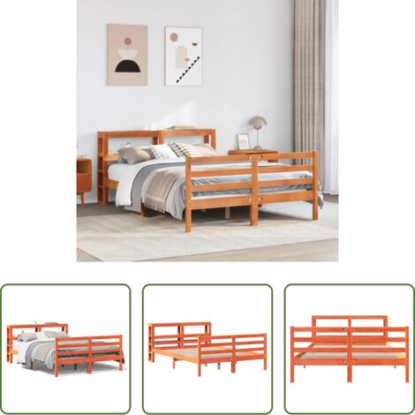 Cama de madera -  Cama sin colchón madera maciza pino marrón cera 150x200 cm