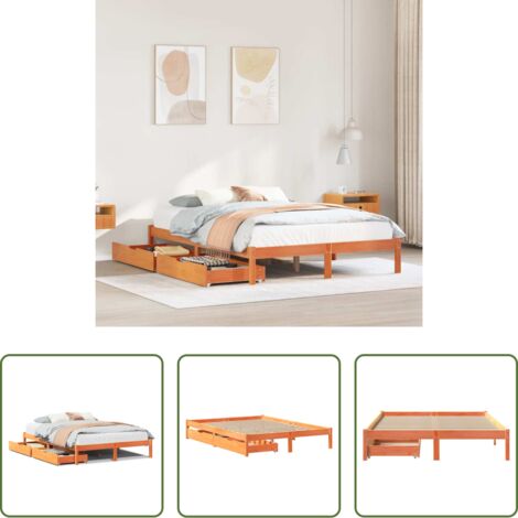 Cama de madera -  Cama sin colchón madera maciza pino marrón cera 150x200 cm