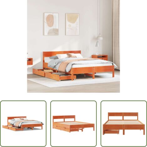 Cama de madera -  Cama sin colchón madera maciza pino marrón cera 150x200 cm