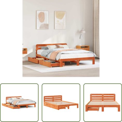 Cama de madera -  Cama sin colchón madera maciza pino marrón cera 150x200 cm