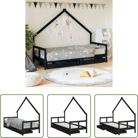 Cama de madera -  Estructura de cama niños con cajones madera pino negro 80x200cm