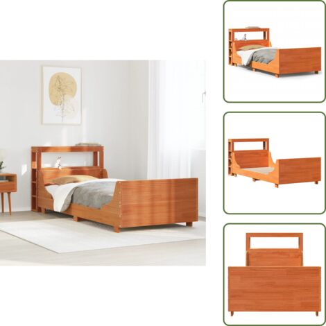 Cama de madera maciza - vidaXL Cama sin colchón madera maciza de pino marrón cera 100x200 cm - Cama con estantes