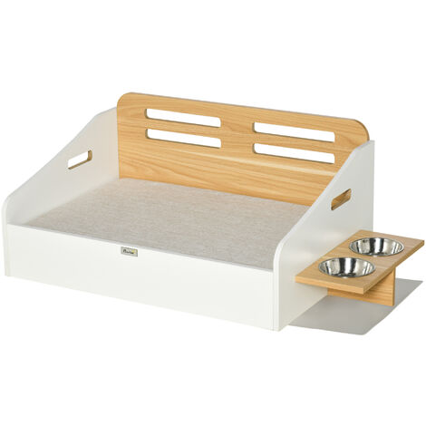 Cama de Madera para Perros Gatos Sofá para Mascotas con Comedero 2 Cuencos Cojín Acolchado y Asas Huecas 100x56x39 cm