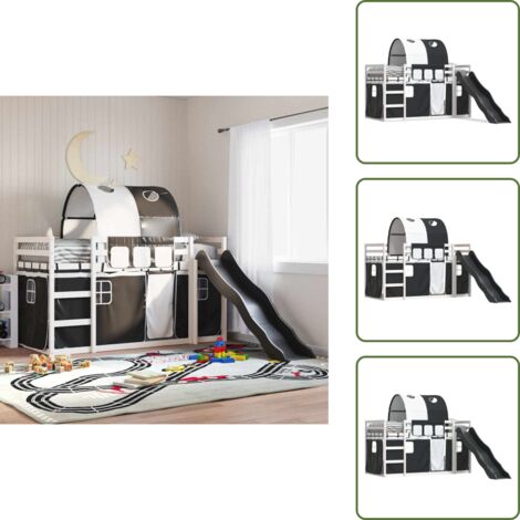 Cama de madera - vidaXL Litera con tobogán y cortinas blanco y negro 90x190 cm - Cama con cortinas