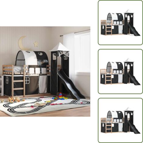 Cama de madera - vidaXL Litera con tobogán y cortinas blanco y negro 90x190 cm - Cama con cortinas