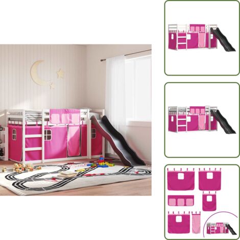 Cama de madera - vidaXL Litera con tobogán y cortinas rosa 90x200 cm - Cama para niños con tobogán