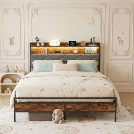 Cama de matrimonio 140x200 cm, cama doble con LED y USB – Somier de láminas incluido – Diseño escandinavo, tejido de lino – Negro
