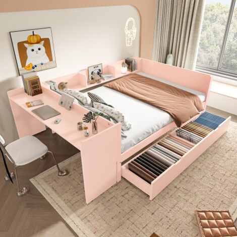 Cama de matrimonio 140x200 cm, cama infantil con 2 cajones, mesa y estanterías, madera de pino, color rosa, sin colchón.