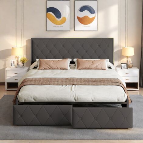 Cama de matrimonio 140x200 cm, Canapé con 4 cajones, Cabecero regulable en altura con LED, Cama adulto, PU Gris