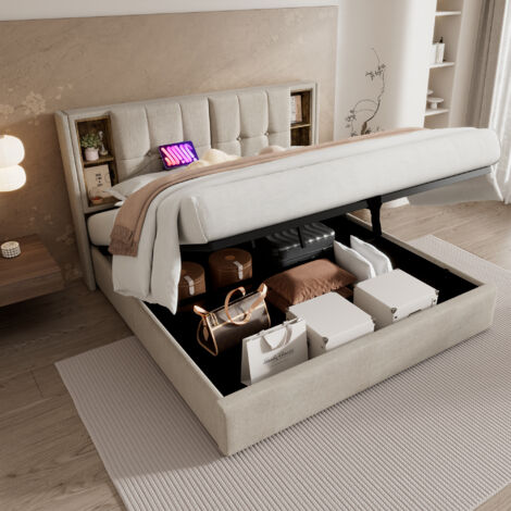 Cama de matrimonio 140x200 cm tapizada, cama para adulto con carga inalámbrica, puerto USB y espacio de almacenamiento, lino, beige, sin colchón