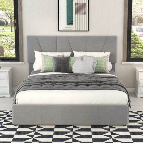 Cama de matrimonio 140x200cm, con 4 cajones, cabecero regulable, somier tapizado, sin colchón, MDF, gris