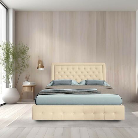 Dallas, Cama de madera maciza con cabecero, Incluye Base tapizada, Acabado color natural, Válido para colchón de 150 x 190 cm