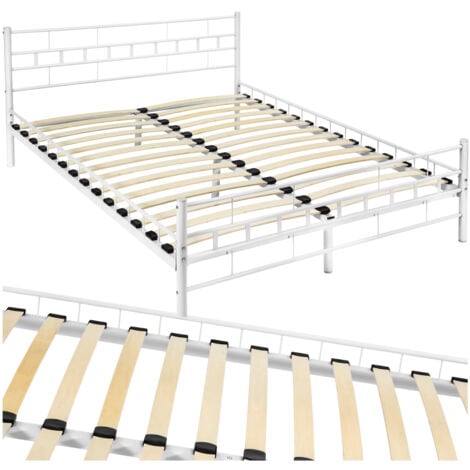 Cama de matrimonio con cabecero, pie de acero y somier de láminas de madera - somier para cama doble, cama metálica para colchón doble, base de cama con cabecero y pies - 200 x 140 cm