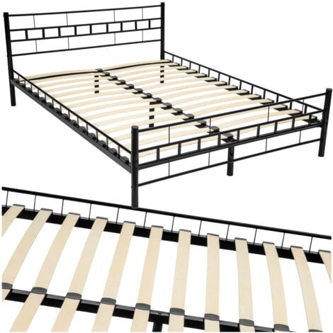 Cama de matrimonio con cabecero, pie de acero y somier de láminas de madera - somier para cama doble, cama metálica para colchón doble, base de cama con cabecero y pies - 200 x 140 cm