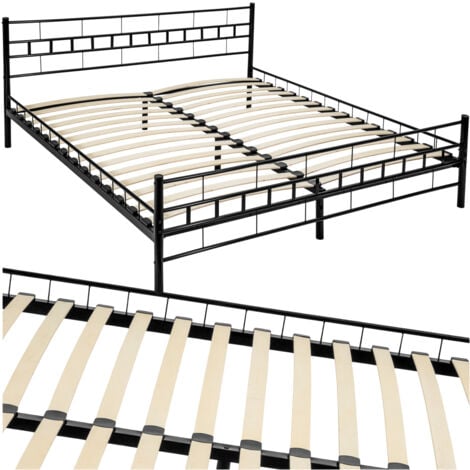 Cama de matrimonio con cabecero y pie de acero y con somier de láminas de madera - somier para cama doble, cama para colchón doble, base metálica de cama con cabecero y pies