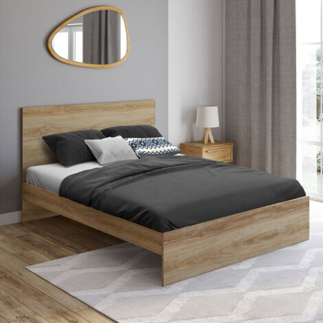 Cama de matrimonio con cabecero y somier OMAHA 140x190 cm efecto haya