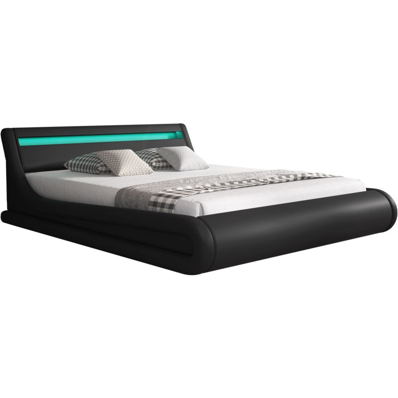 

Muebles Bonitos - Cama de matrimonio para colchón 160 x 200 – Negro Materiales madera y polipiel LED – 177 x 224 x 29 (66) cm – PARISINA