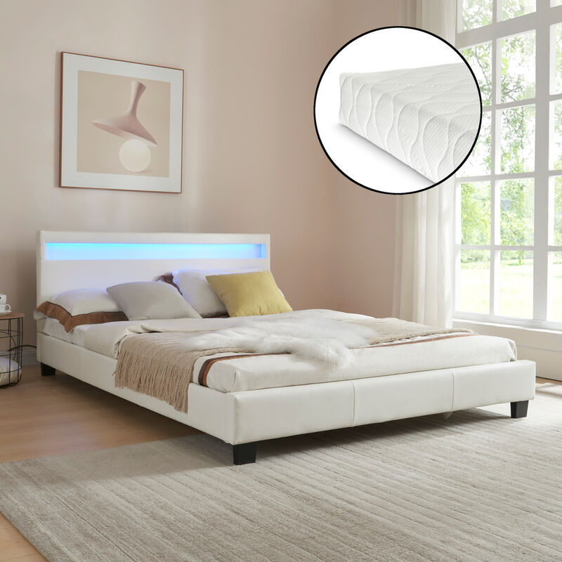 

Corium - Cama de matrimonio de cuero sintético (París) - con colchón y con sistema de iluminación LED (140x200cm) - (blanco)