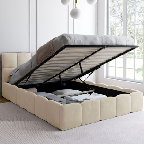 Cama de matrimonio NUAGE con cabecero acolchado y somier de terciopelo beige de 140 x 190 cm