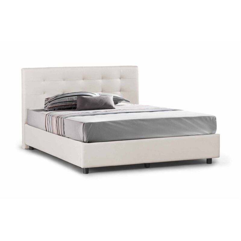 

Cama doble Star con contenedor que ahorra espacio en cuero ecológico blanco y costuras capitoné Made in Italy