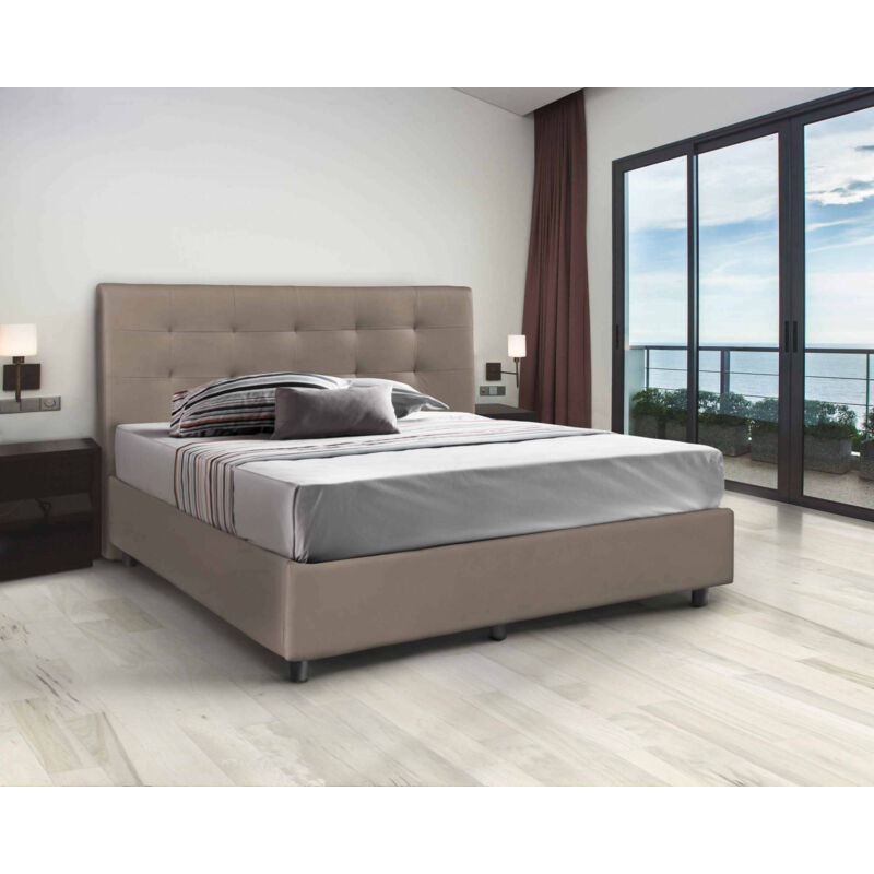 

Cama doble Star con contenedor que ahorra espacio en cuero ecológico gris tórtola y costuras capitoné Made in Italy