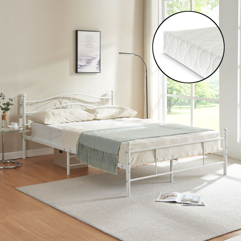 

Cama de metal 140x200x cm - somier metal - espuma fría - blanco