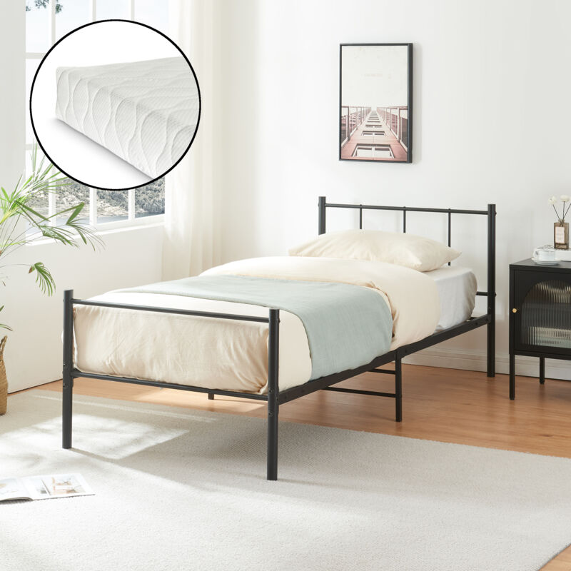 

Cama de Metal con Colchón de espuma fría - 90cm x 200cm - Cama Simple - Con listón - Somier Negro - Oeko-Tex 100