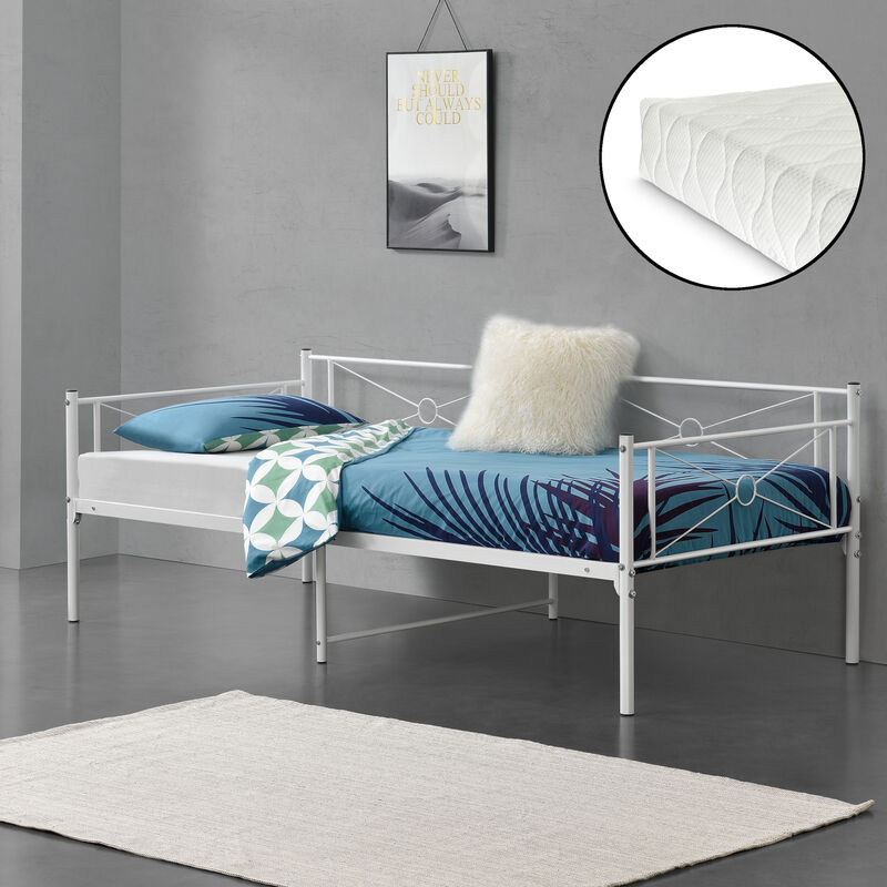 

Cama de Metal con Colchón de espuma fría Alvesta - 90 x 200 cm - Cama Simple - Cama Individual - Somier Reposacabezas y Reposapiés Decorativos