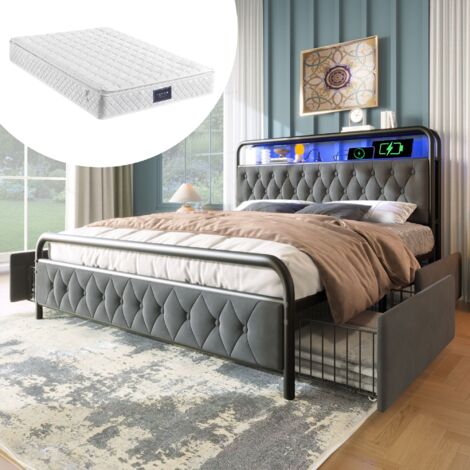 Cama de metal de 140 x 200 cm, cabecero multifuncional con LED gris, carga USB tipo C integrada y 4 cajones, ideal para adolescentes y adultos (colchón incluido).