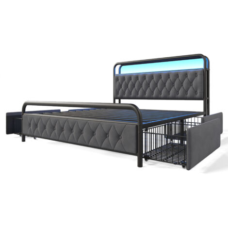Cama de metal de 160 x 200 cm, cabecero LED multifuncional gris, carga USB tipo C integrada y 4 cajones, ideal para adolescentes y adultos (colchón no incluido).