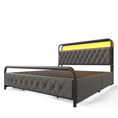 Cama de metal de 180 x 200 cm, cabecero LED multifuncional gris, carga USB tipo C integrada y 4 cajones, ideal para adolescentes y adultos (colchón no incluido).