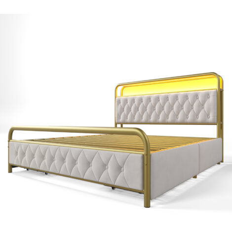 Cama de metal de 180 x 200 cm, cabecero multifuncional con LED blanco, carga USB tipo C integrada y 4 cajones, ideal para adolescentes y adultos (colchón no incluido).