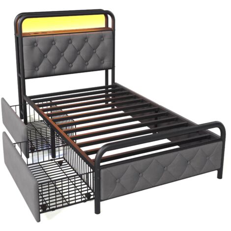 Cama de metal de 90 x 200 cm, cabecero LED multifuncional gris, carga USB tipo C integrada y 2 cajones, ideal para adolescentes y adultos (colchón no incluido).