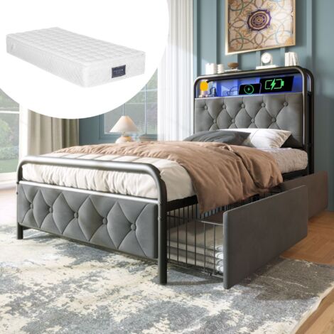 Cama de metal de 90 x 200 cm, cabecero multifuncional con LED gris, carga USB tipo C integrada y 2 cajones, ideal para adolescentes y adultos (colchón incluido).