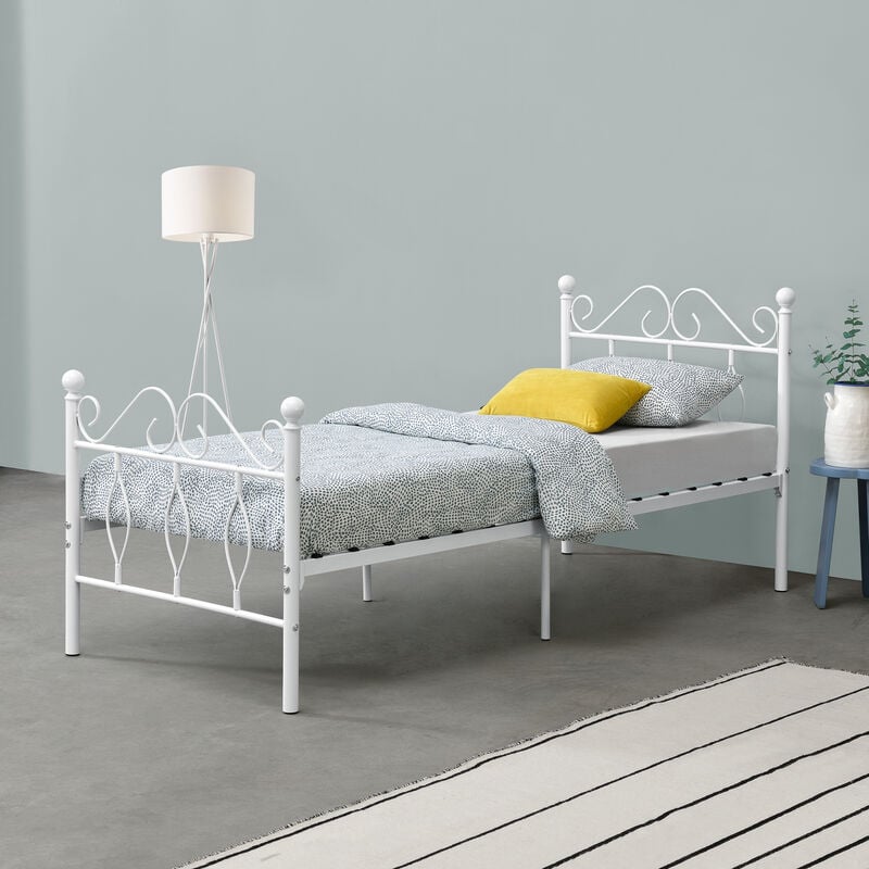 

Cama de Metal Estable Apolda - 90 x 200 cm - Cama Simple - Cama Individual - Somier - Reposacabezas y Reposapiés Decorativos - Blanco Mate