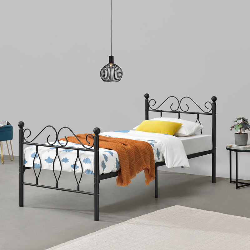 

Cama de Metal Estable Apolda - 90 x 200 cm - Cama Simple - Cama Individual - Somier - Reposacabezas y Reposapiés Decorativos - Negro Mate