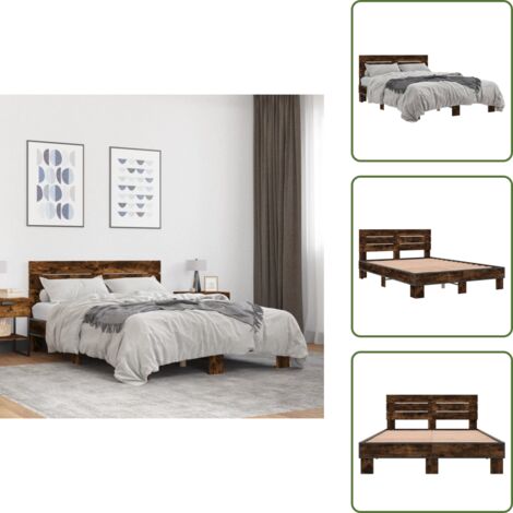 Cama de metal - vidaXL Estructura cama madera ingeniería metal roble ahumado 120x200cm - Cama de roble