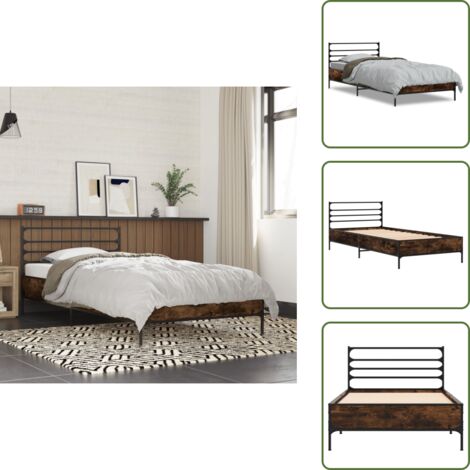 Cama de metal - vidaXL Estructura cama madera ingeniería metal roble ahumado 90x190 cm - Cama de roble