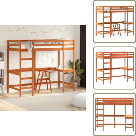 Cama de pino - vidaXL Cama alta con escritorio madera maciza pino marrón 90x200 cm - Cama para niños