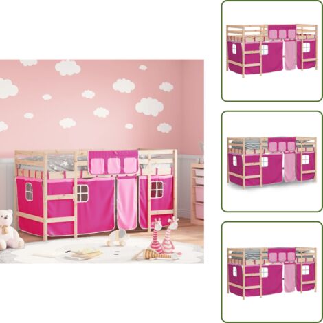 Cama de pino - vidaXL Cama alta para niños con cortinas madera pino rosa 80x200 cm - Cama con barandillas