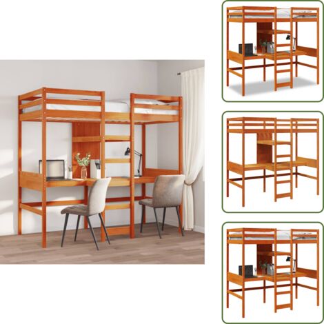 Cama de pino - vidaXL Cama alta sin colchón madera maciza pino marrón cera 90x190 cm - Cama con escritorio