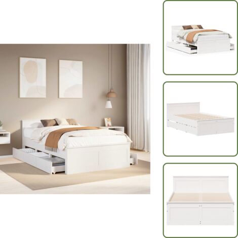 Cama de pino - vidaXL Cama con cabecero sin colchón madera maciza blanca 135x190 cm - Cama con cajones